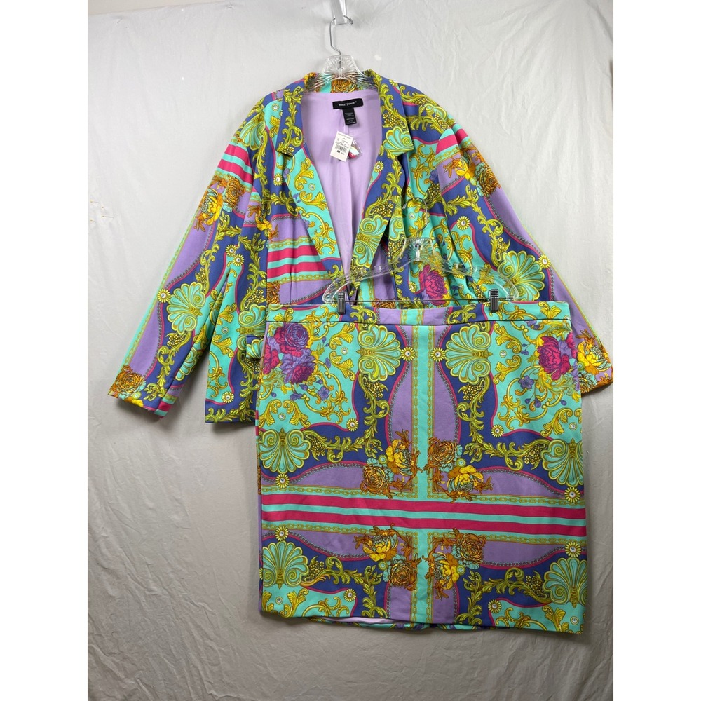 Ashley Stewart Skirt Suit Set Women 30/32 Multi Scarf Print Baroque Blazer Skirt